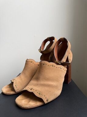 COACH Marnie Embellished Tan Suede Ankle Strap Block Heel Sandals Size 9.5